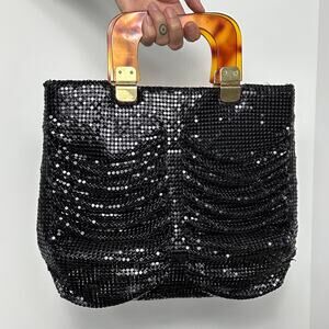 Vintage Black Mesh Chainmail Ruched Front Tortoise Top Handle Handbag